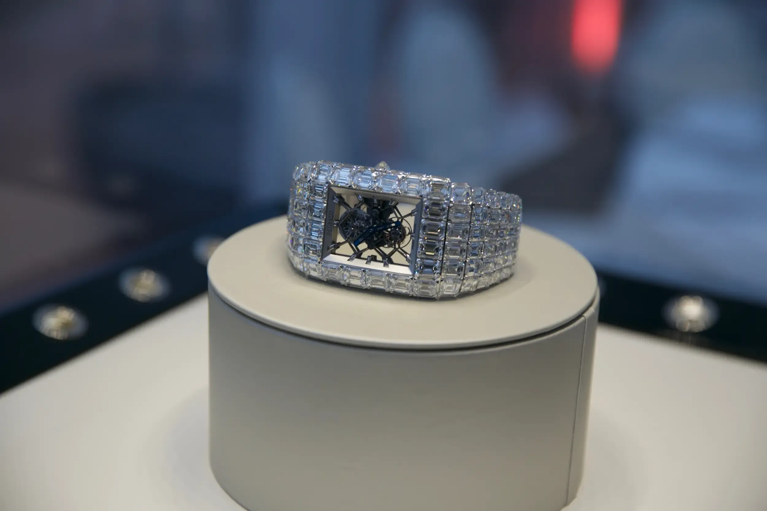 A diamond-set skeleton wristwatch on display at a trade show