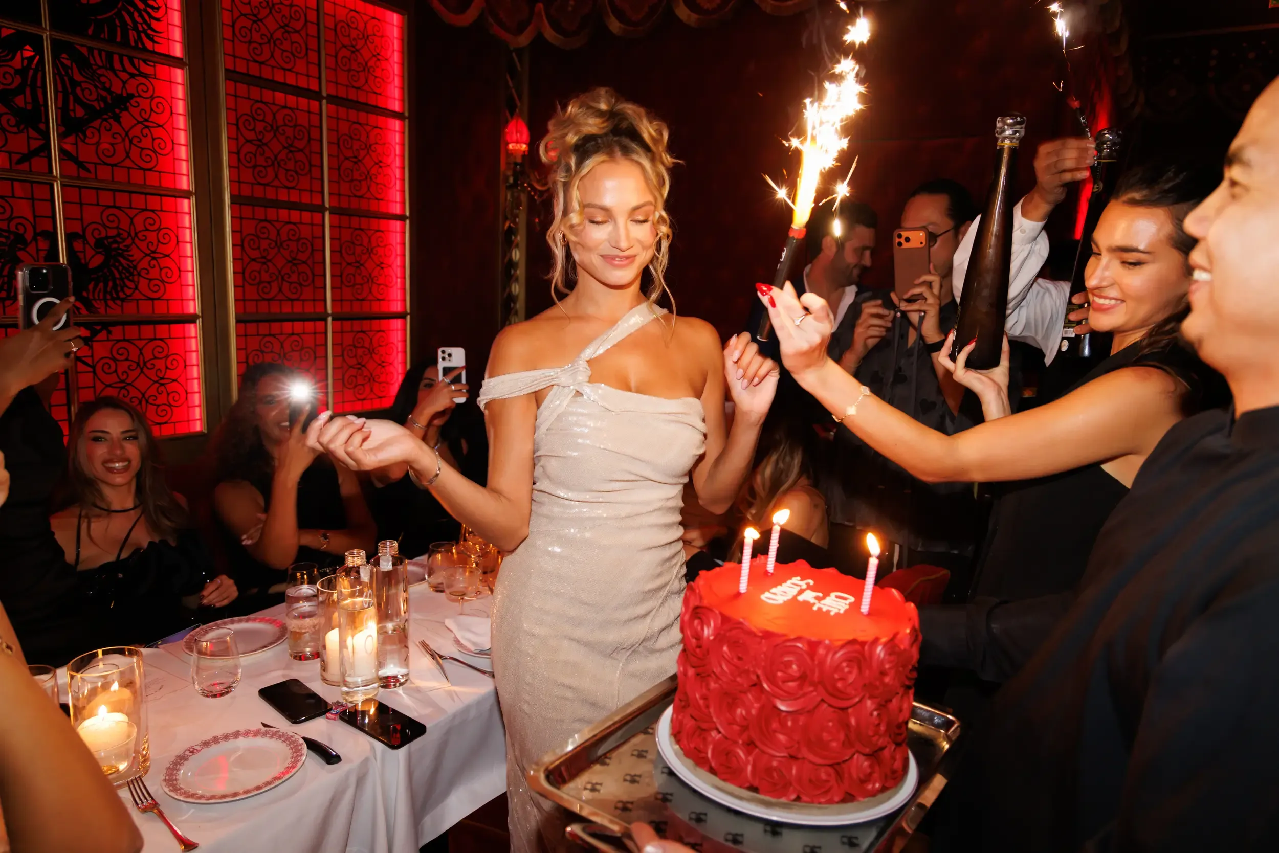 Birthday celebration with red rose cake, sparklers and sequin dress in a red lounge