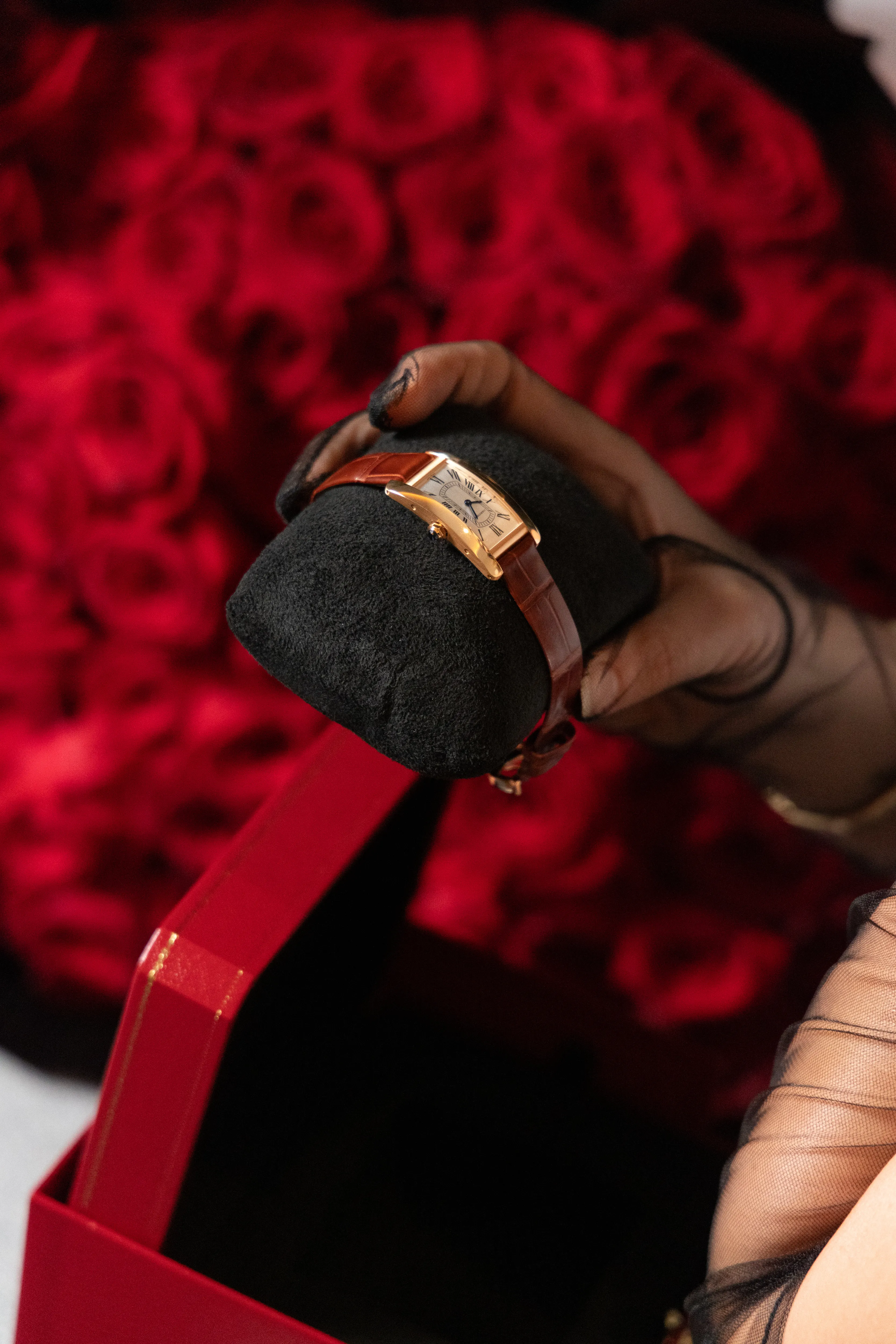Gold Cartier Tank wristwatch on black cushion held in a sheer glove against deep red roses