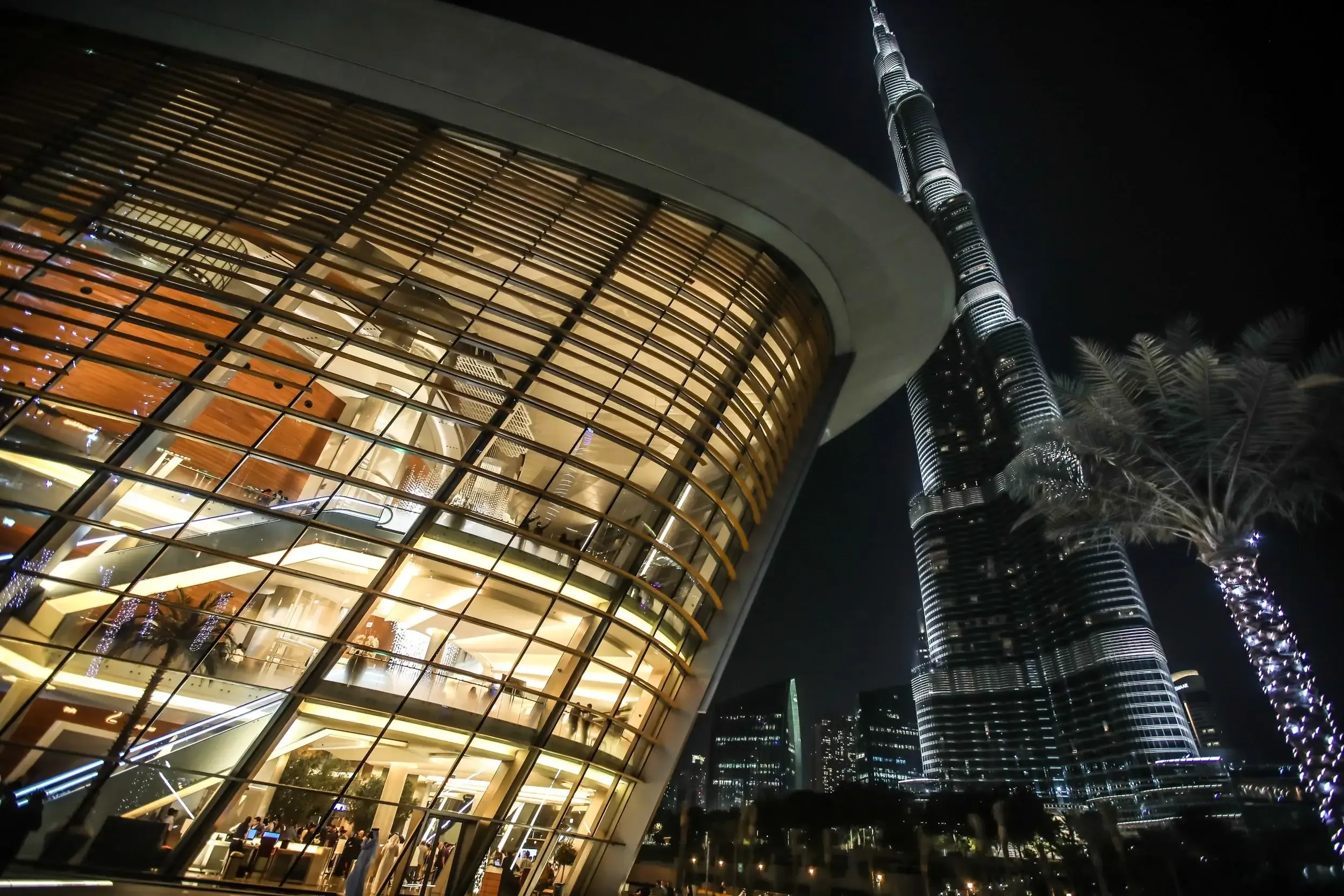 Night view of Dubai Opera glowing interior with Burj Khalifa rising behind a lit palm