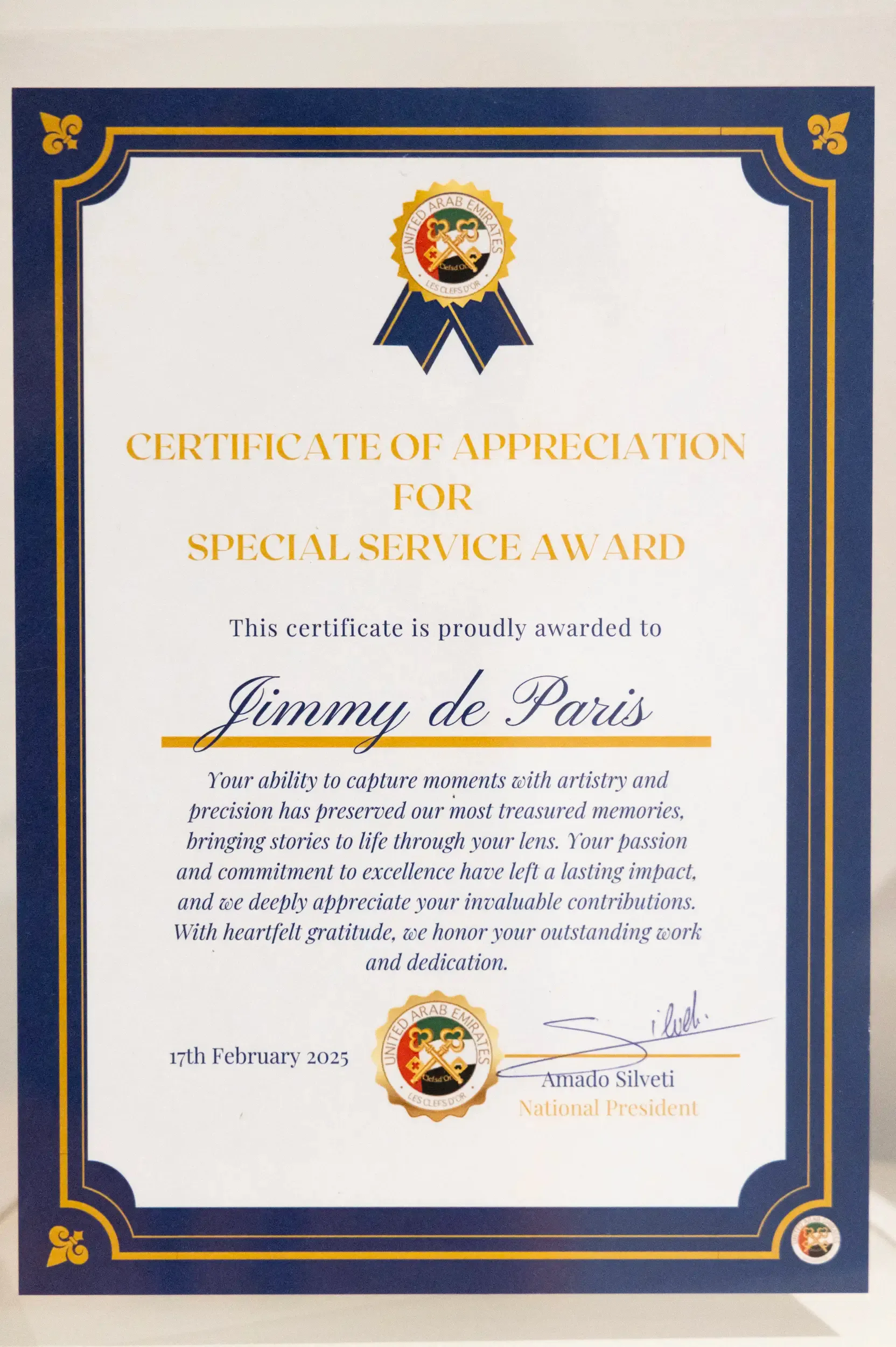 Certificate of Appreciation for Special Service Award from Les Clefs d'Or UAE, awarded to Jimmy de Paris