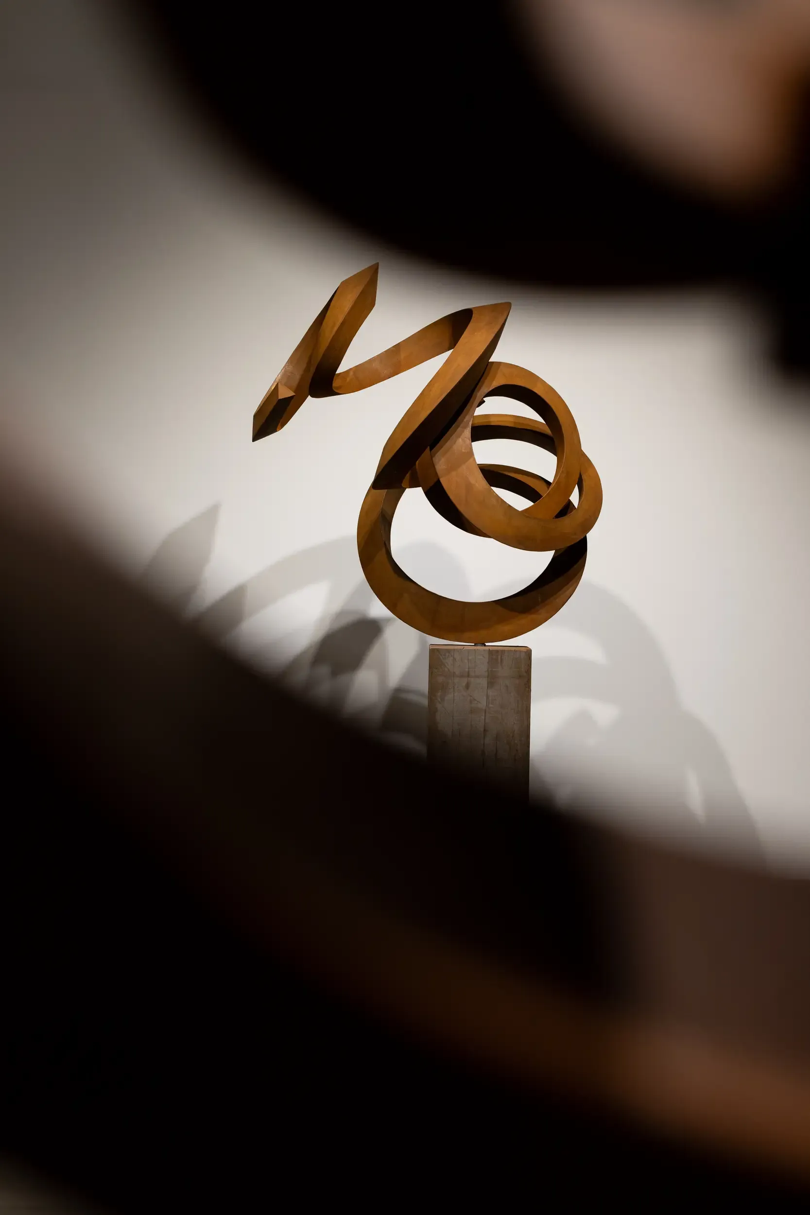 An abstract metal sculpture framed through a blurred foreground opening.