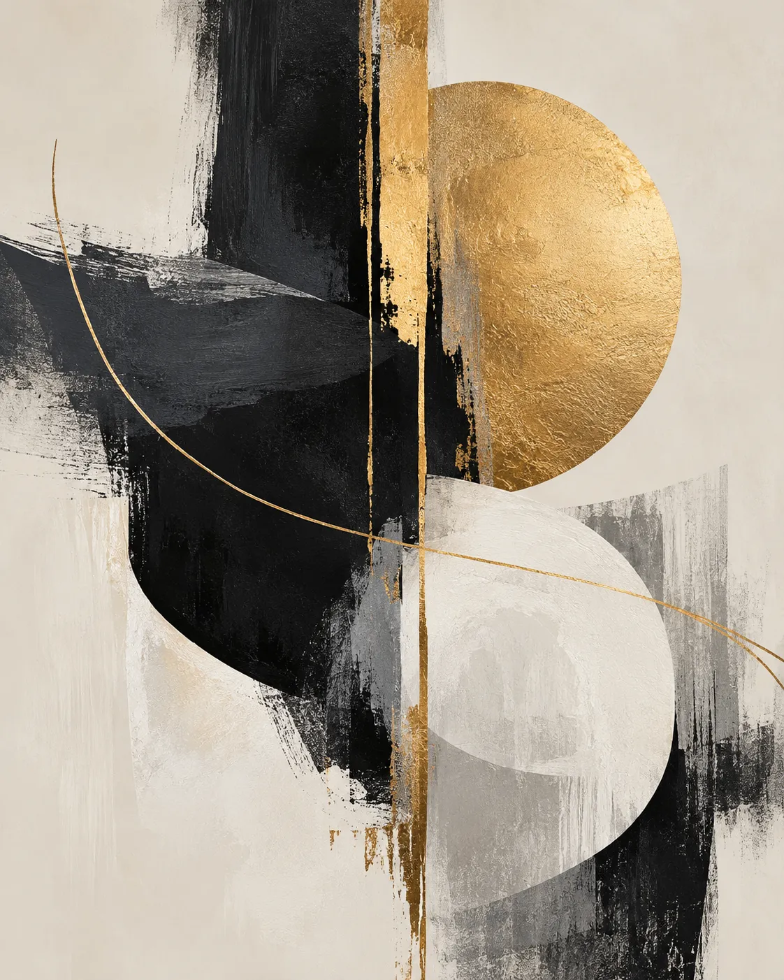 Artwork photography of an abstract painting in black, cream and gold leaf, photographed square and evenly lit