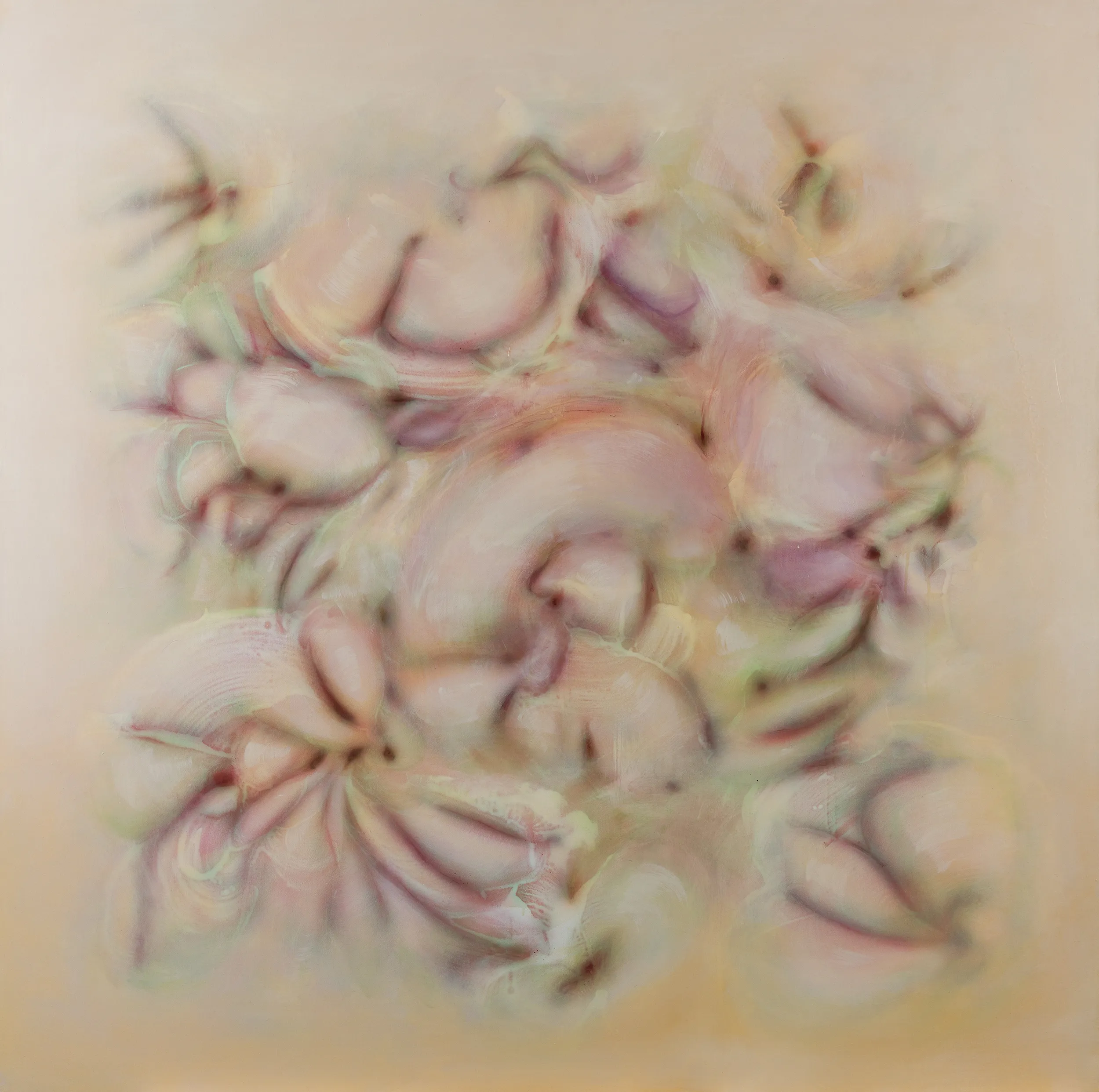 Artwork photography of a textured pink floral relief, lit at a low angle to show the surface