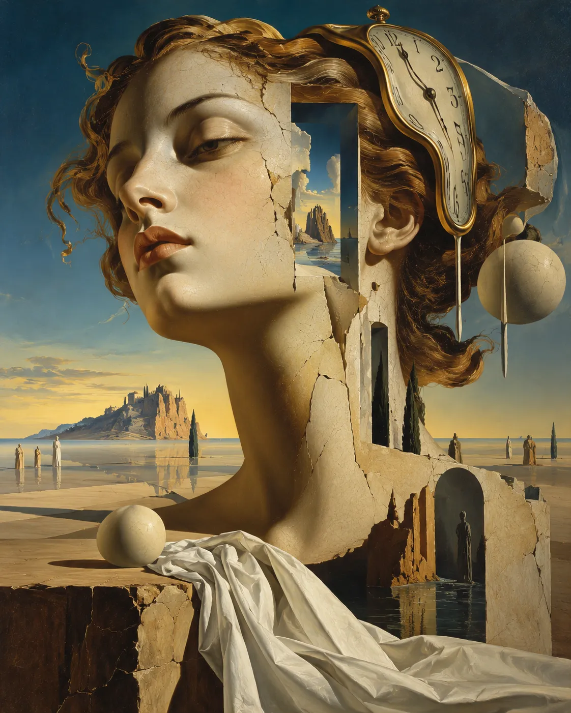 Painting photographed for a catalogue: a surreal classical head breaking apart in a desert landscape