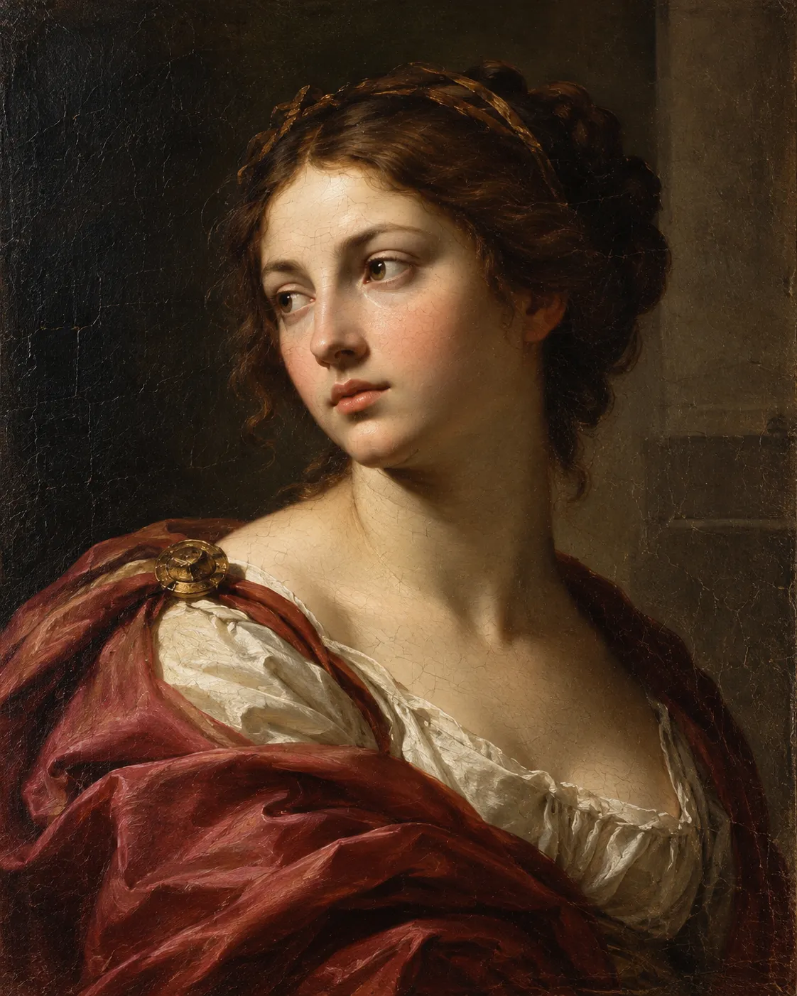 Painting photographed for a catalogue: a Renaissance-style oil portrait of a young woman in a red drape