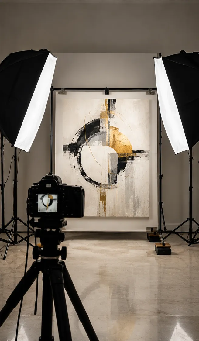 Artwork photography set-up in Dubai: a painting on an easel between two softboxes, camera on a tripod