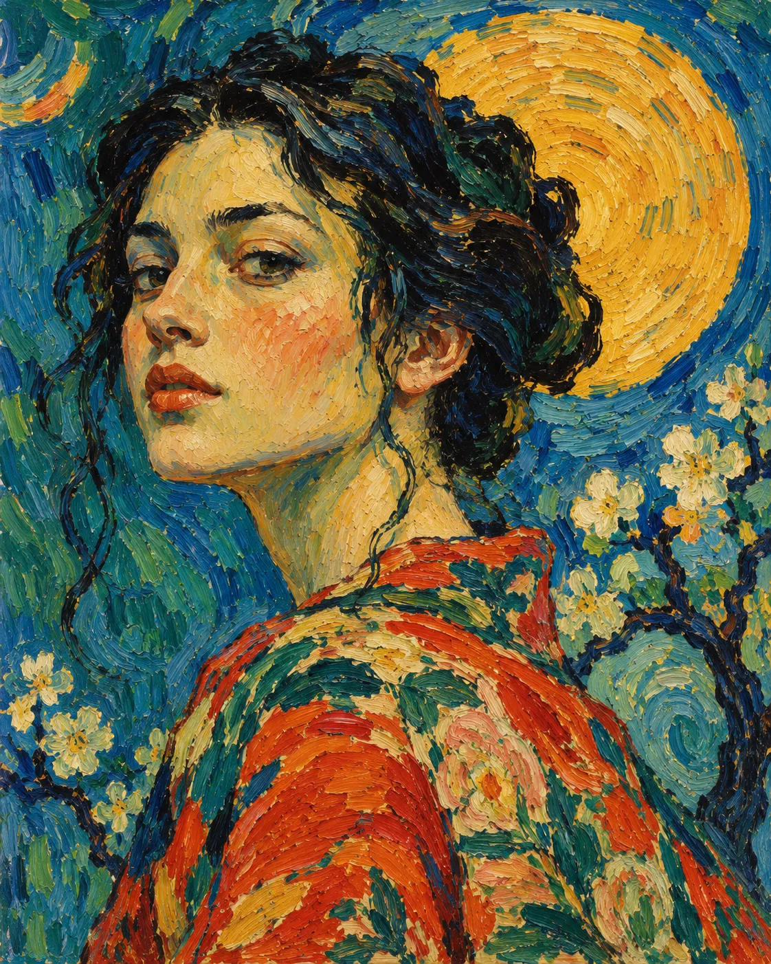 Artwork photography of an oil portrait with thick impasto brushwork, a woman before a yellow moon and blossom